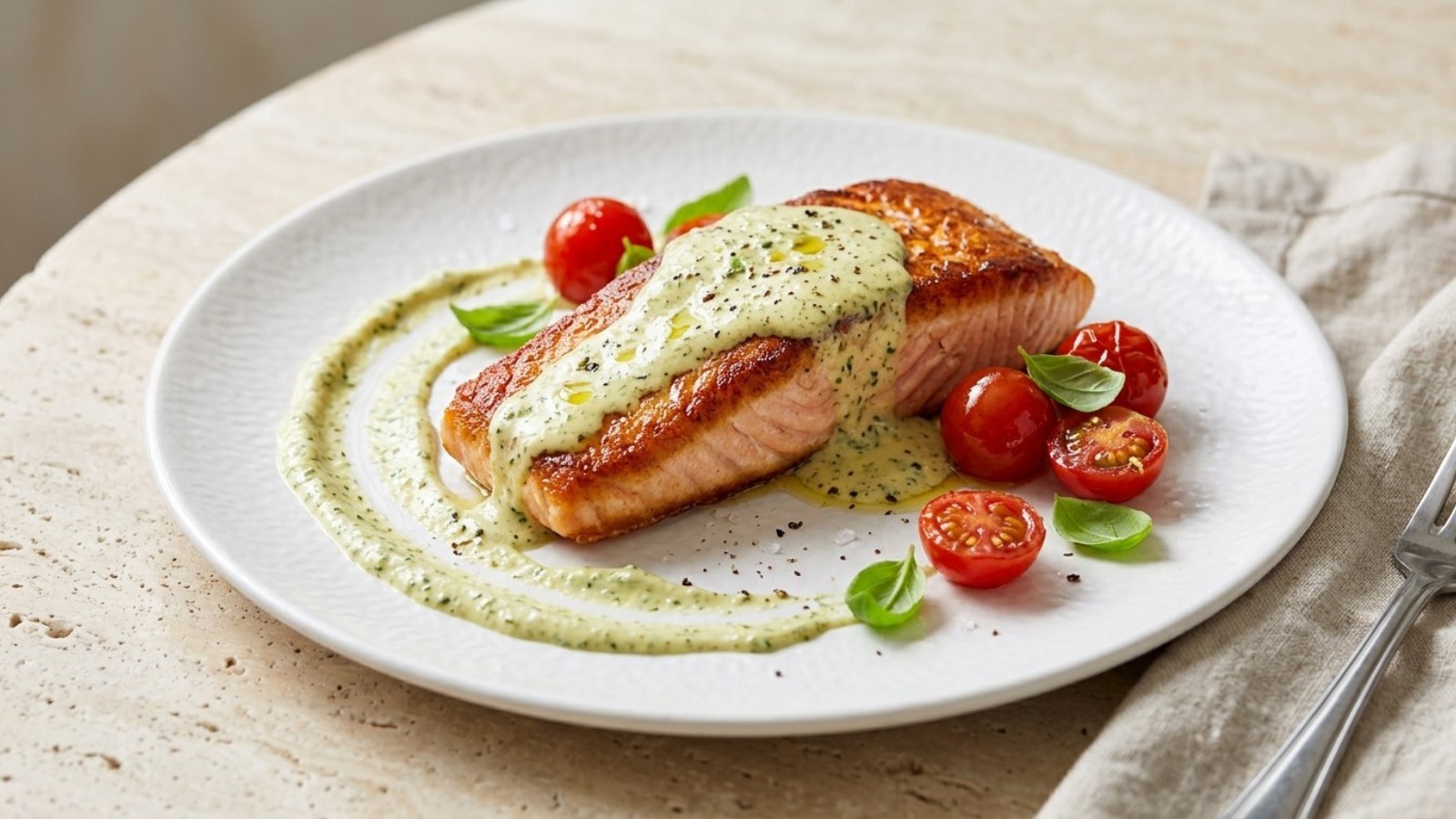 Creamy salmon fillet topped with a basil pesto cream sauce and tomatoes