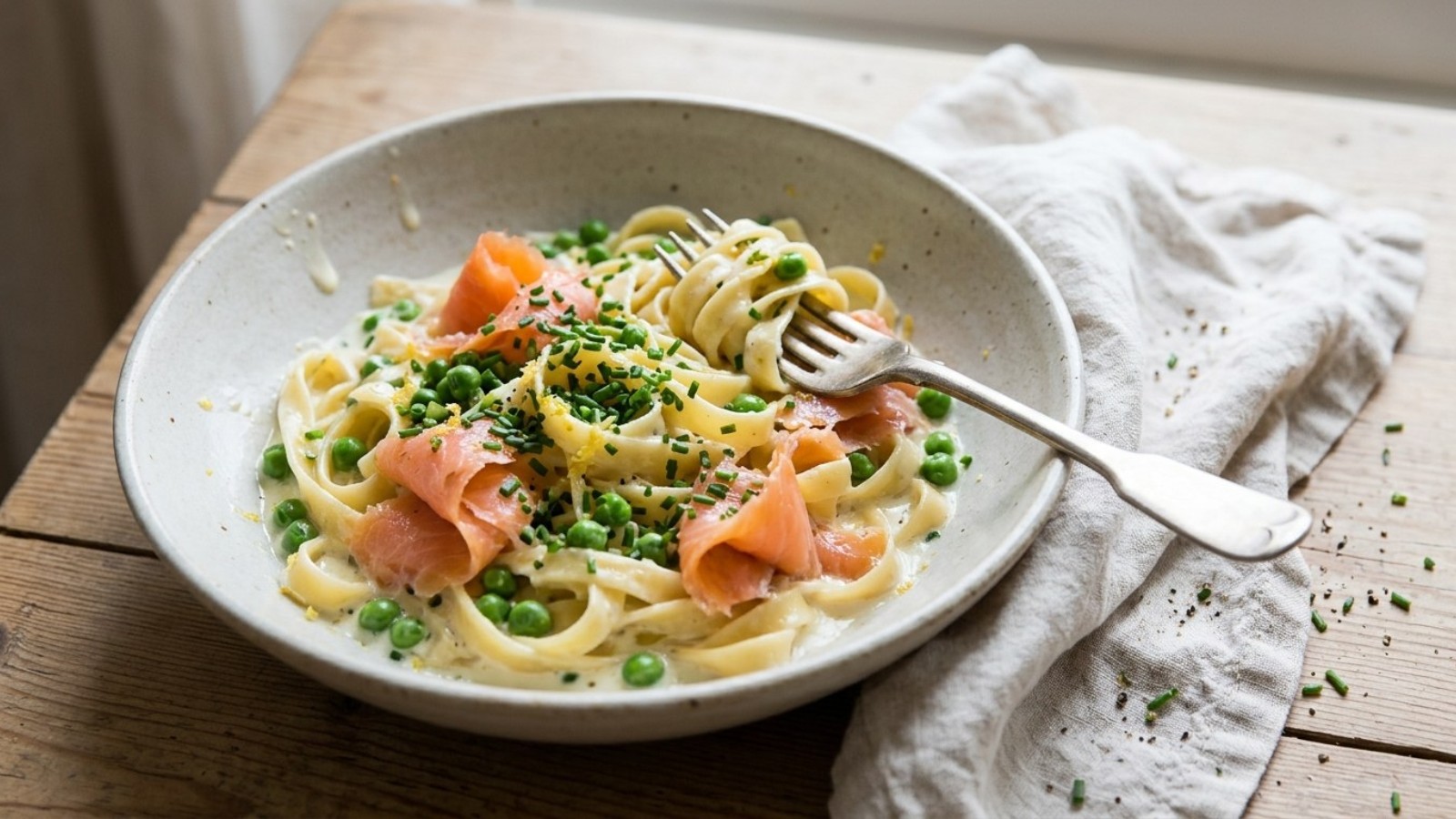 Creamy salmon fettuccine with smoked salmon ribbons, peas and chives