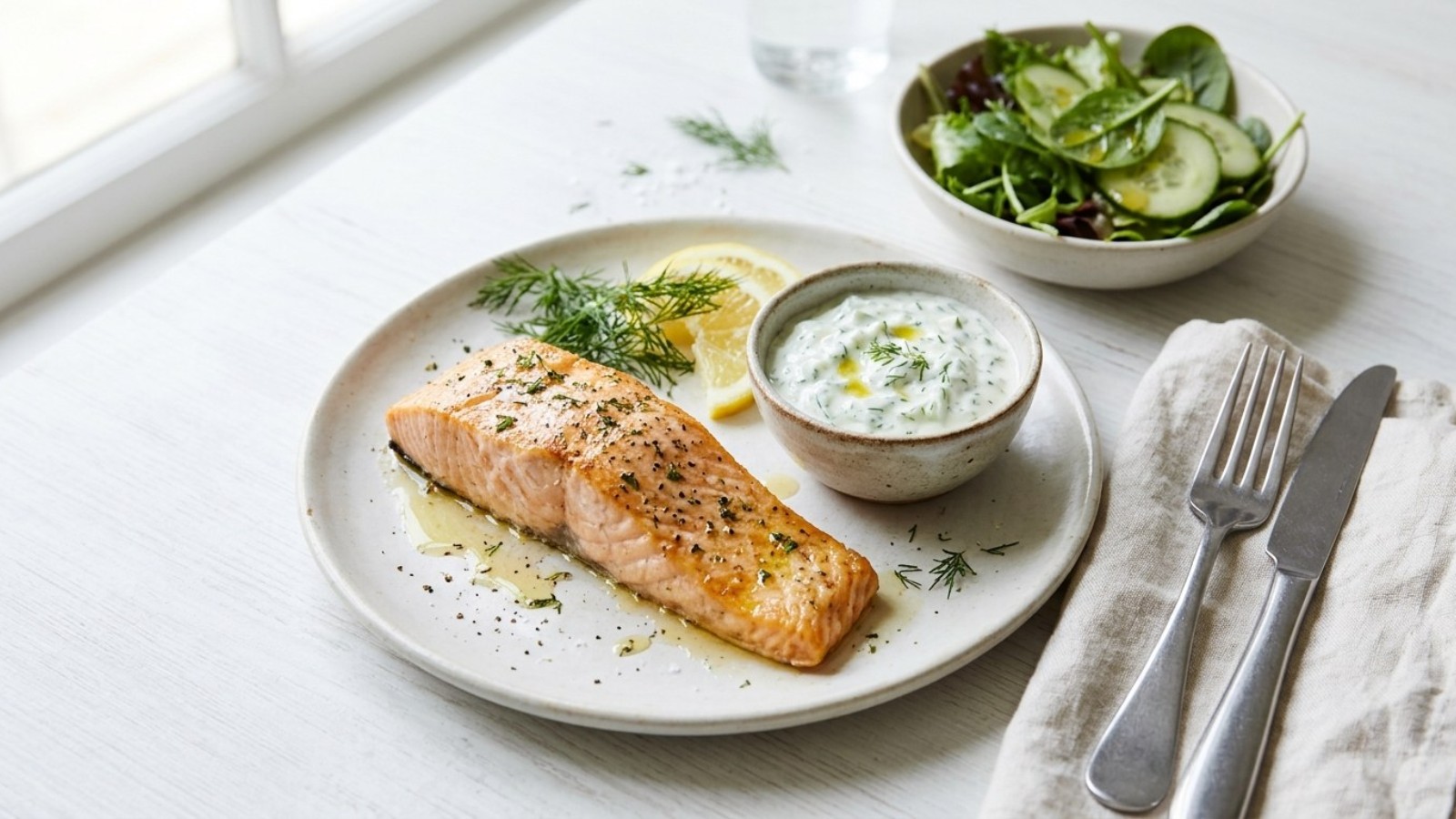 Baked fish with a cool Greek yogurt dill sauce and a green salad