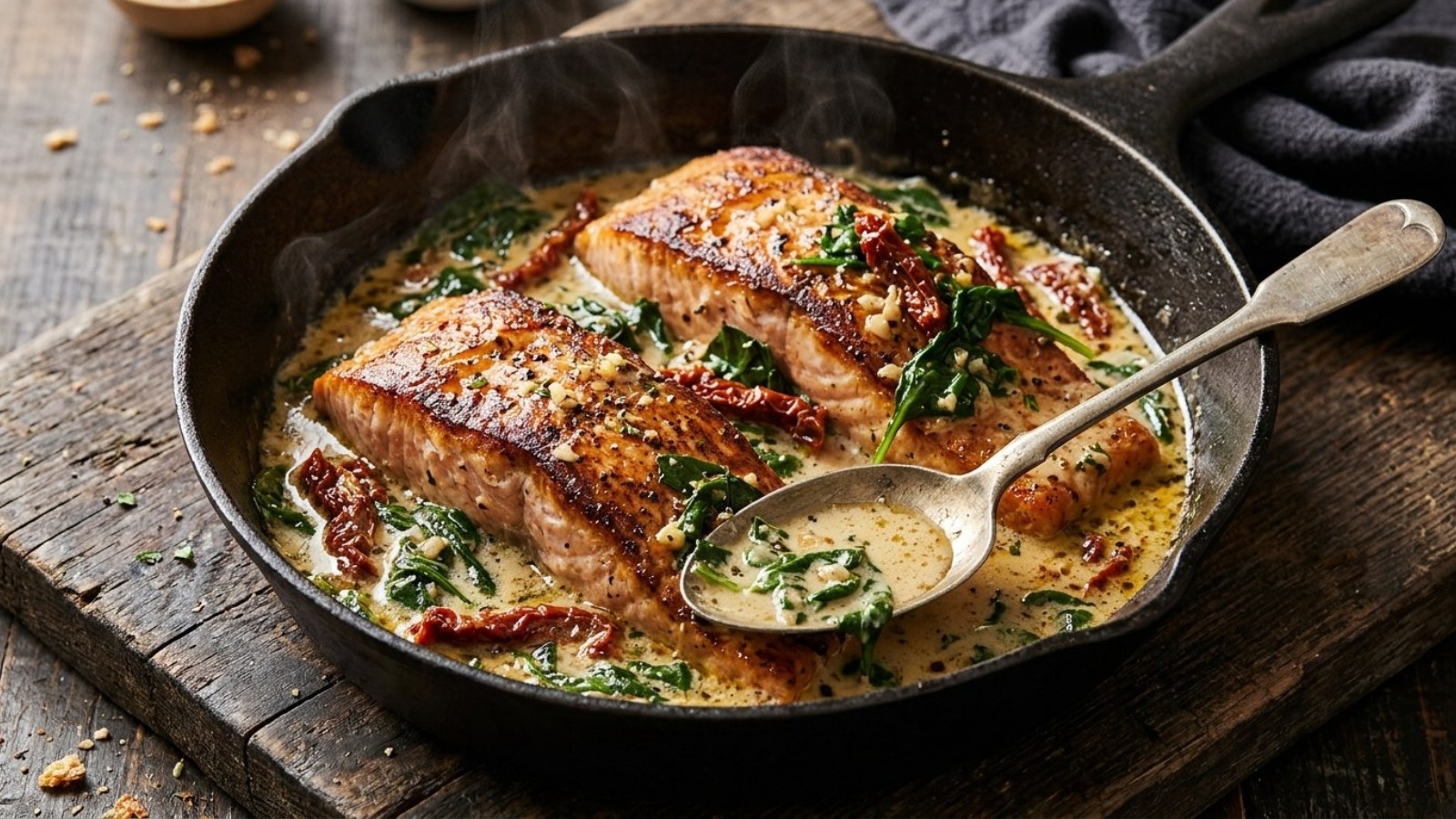 Creamy salmon in a cast iron skillet with a garlic cream sauce, spinach and sun-dried tomatoes