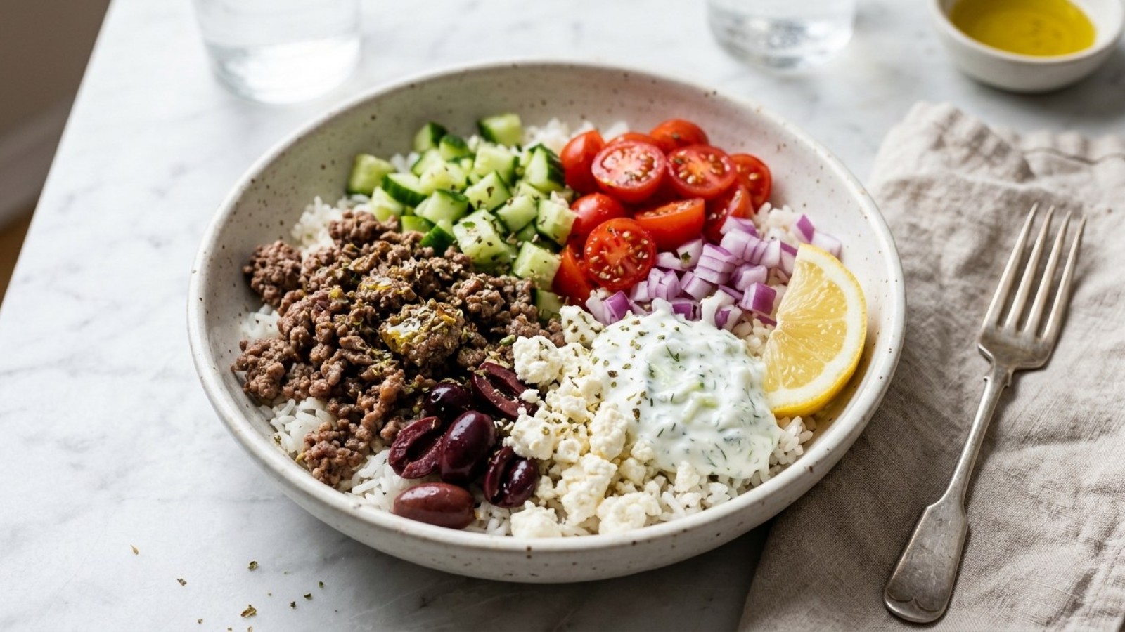 Ground beef and rice burrito bowl with beans, corn, salsa and guacamole