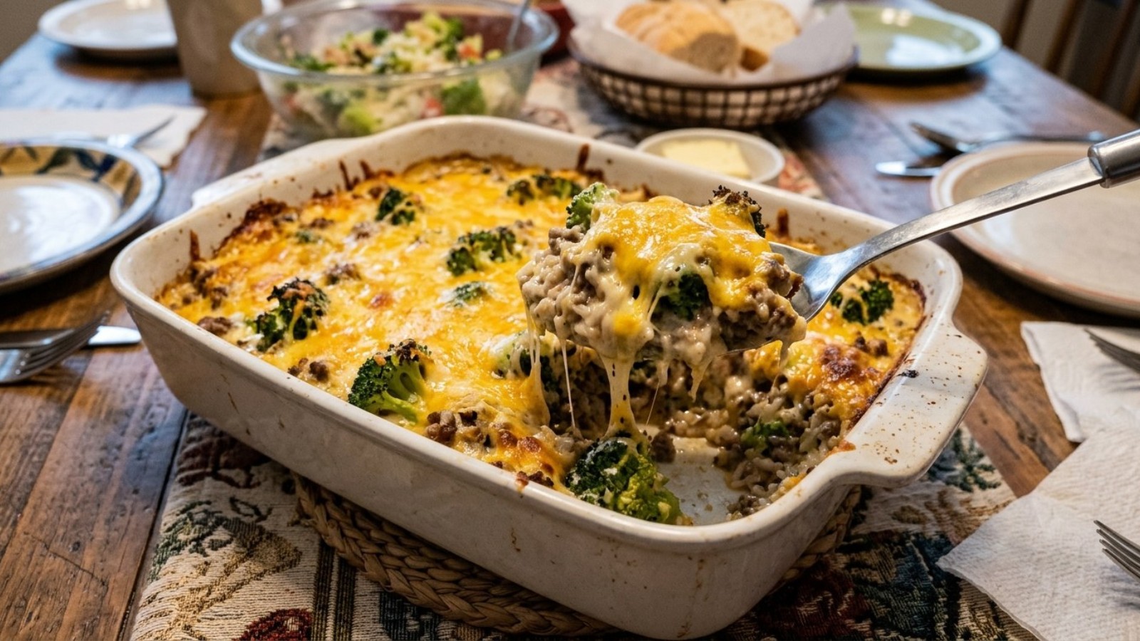 Ground beef and rice casserole with a golden cheddar top