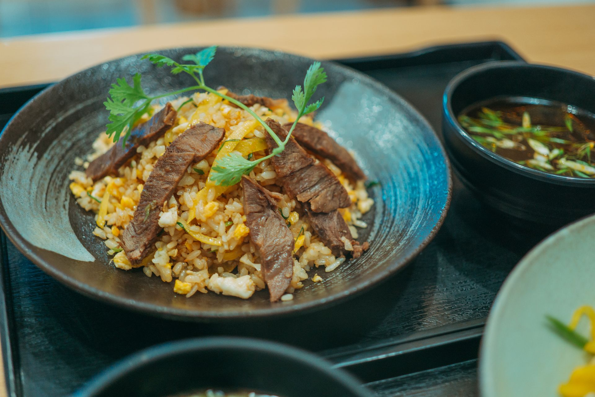 Ground beef and rice turned into beef fried rice with herbs