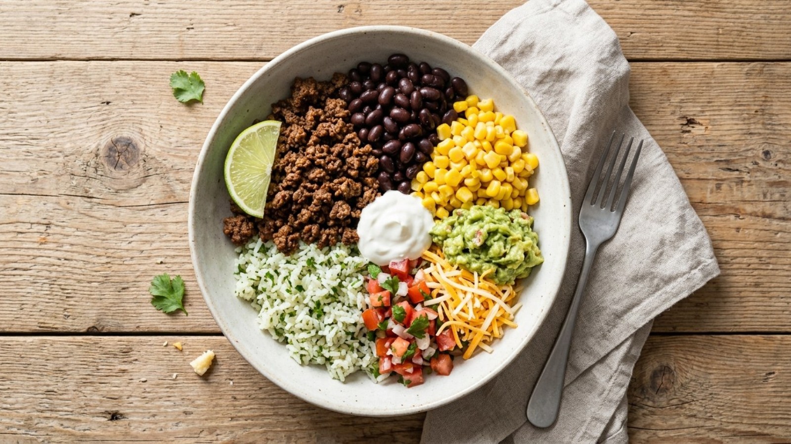 Ground beef and rice taco skillet with melted cheese and toppings