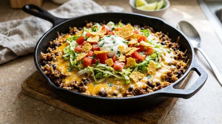 Ground beef and rice skillet with cheddar