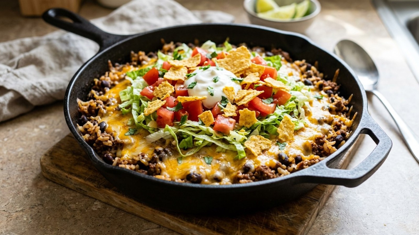 Ground beef and rice in a cast iron skillet with peppers, melted cheddar and green onions