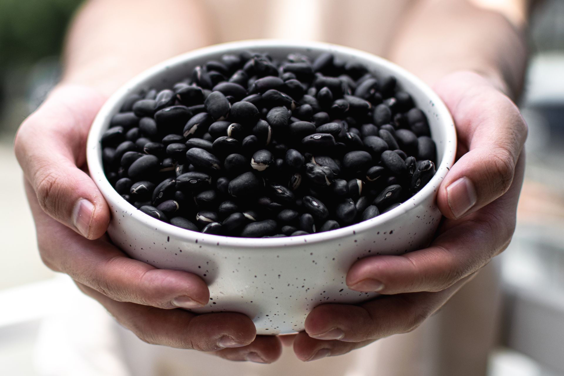 Hands holding a bowl of dried black beans