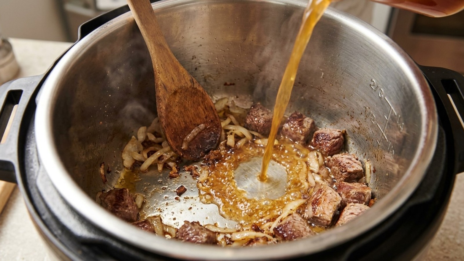 Deglazing the bottom of an electric pressure cooker with a wooden spoon