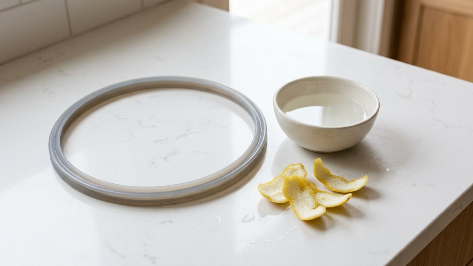Silicone sealing ring from a pressure cooker lid on a counter with lemon peels