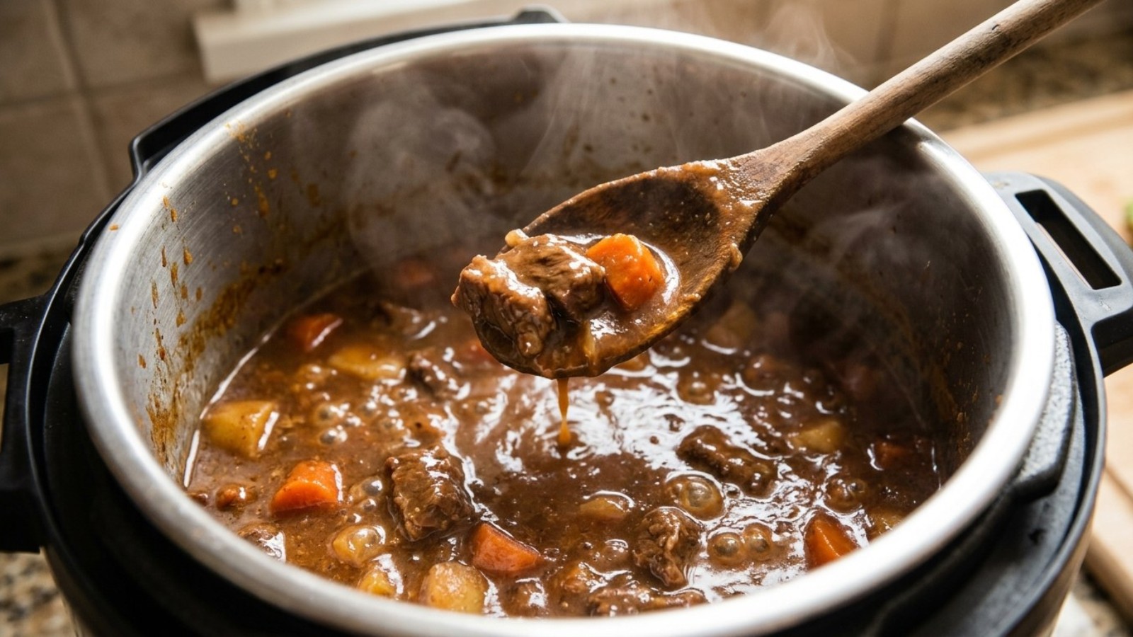 Thick glossy beef stew simmering in a pressure cooker