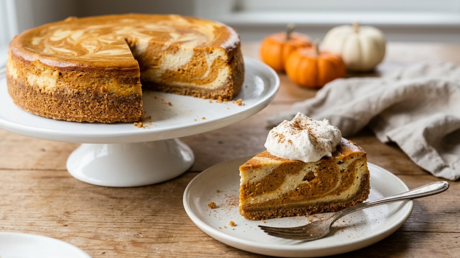 Marbled pumpkin cheesecake on a cake stand with one slice cut and topped with whipped cream