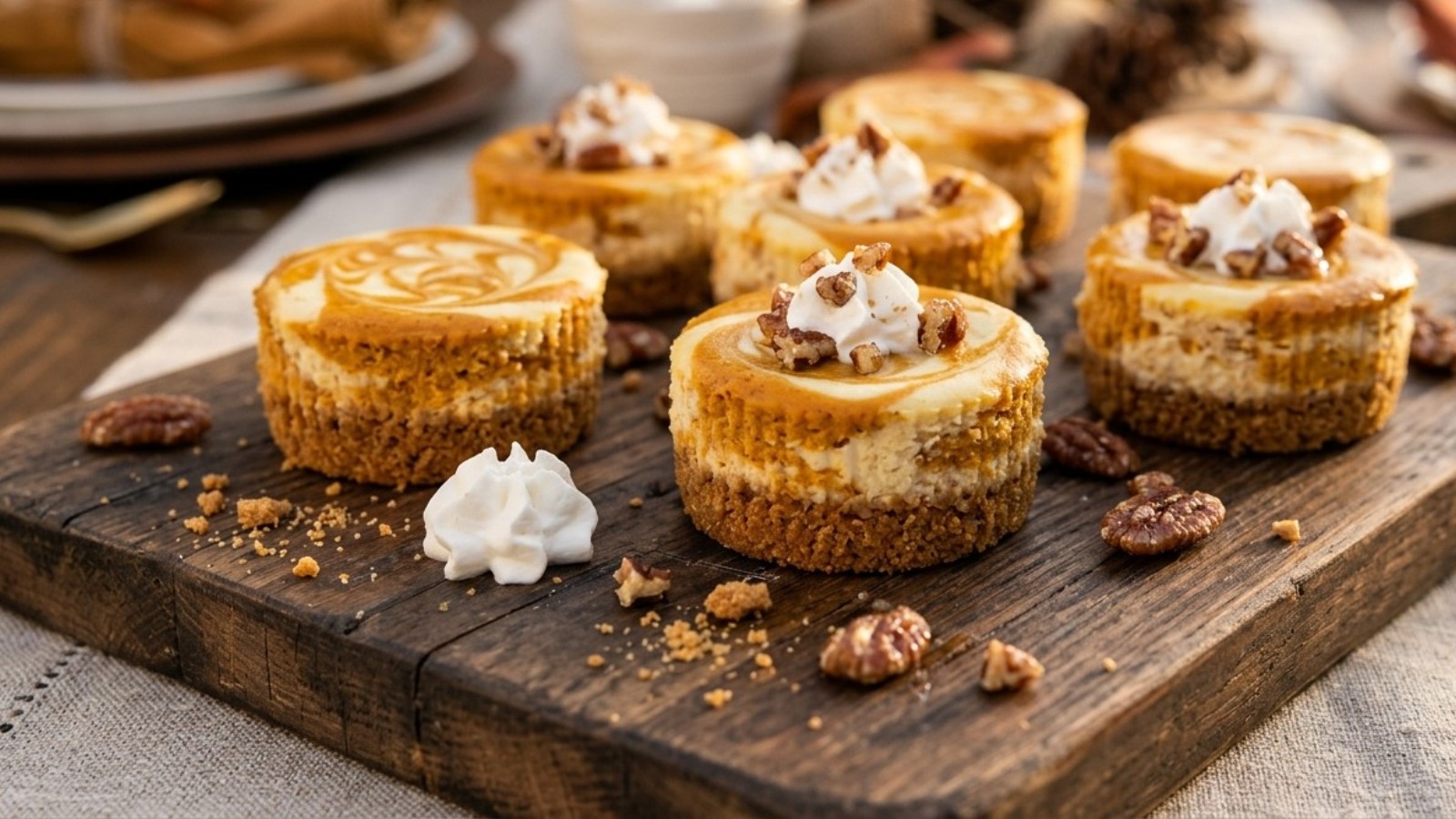 Mini pumpkin swirl cheesecakes with whipped cream and candied pecans