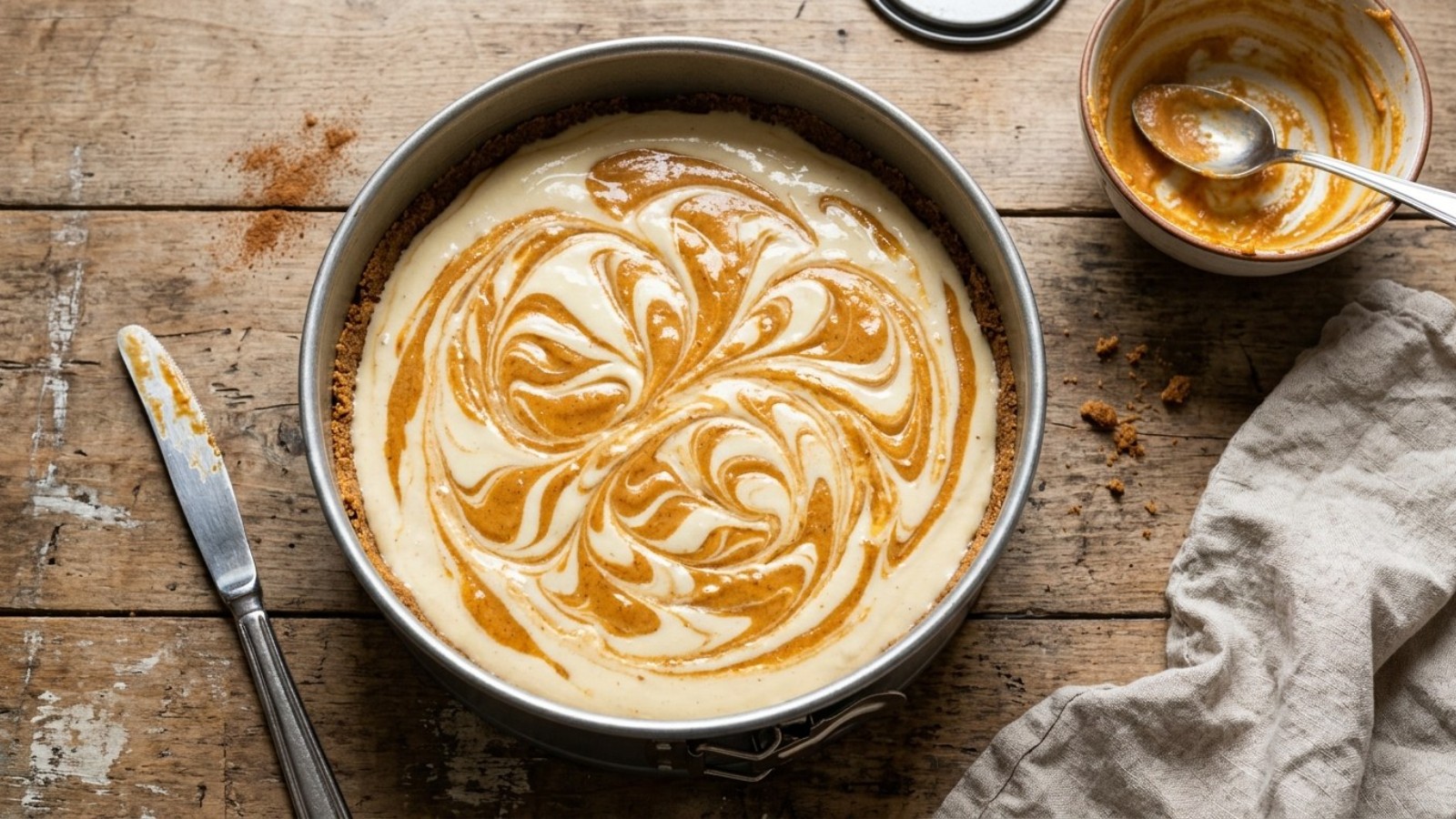 Marbled pumpkin cheesecake batter swirled in a springform pan before baking