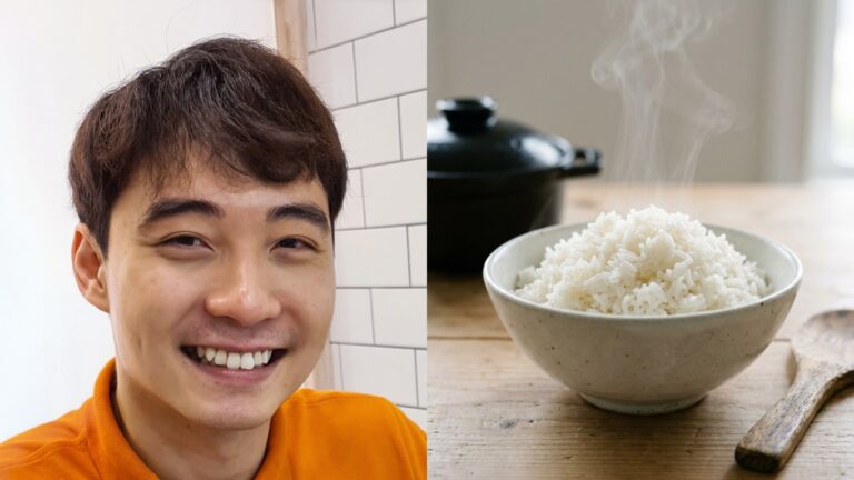 How to cook rice the Uncle Roger way: comedian Nigel Ng next to a bowl of fluffy white rice