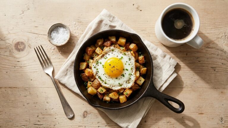 Breakfast for one: small cast iron skillet with a fried egg on crispy potatoes beside a mug of coffee