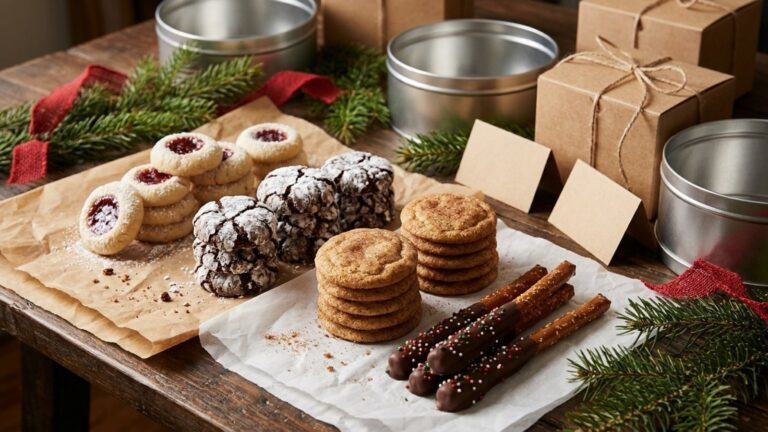 Cookie exchange recipes: Christmas cookies on parchment with empty tins and kraft boxes