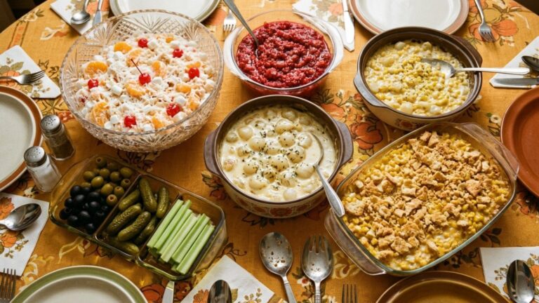 Forgotten Thanksgiving sides: vintage buffet with ambrosia, cranberry relish, creamed onions, scalloped corn and a relish tray