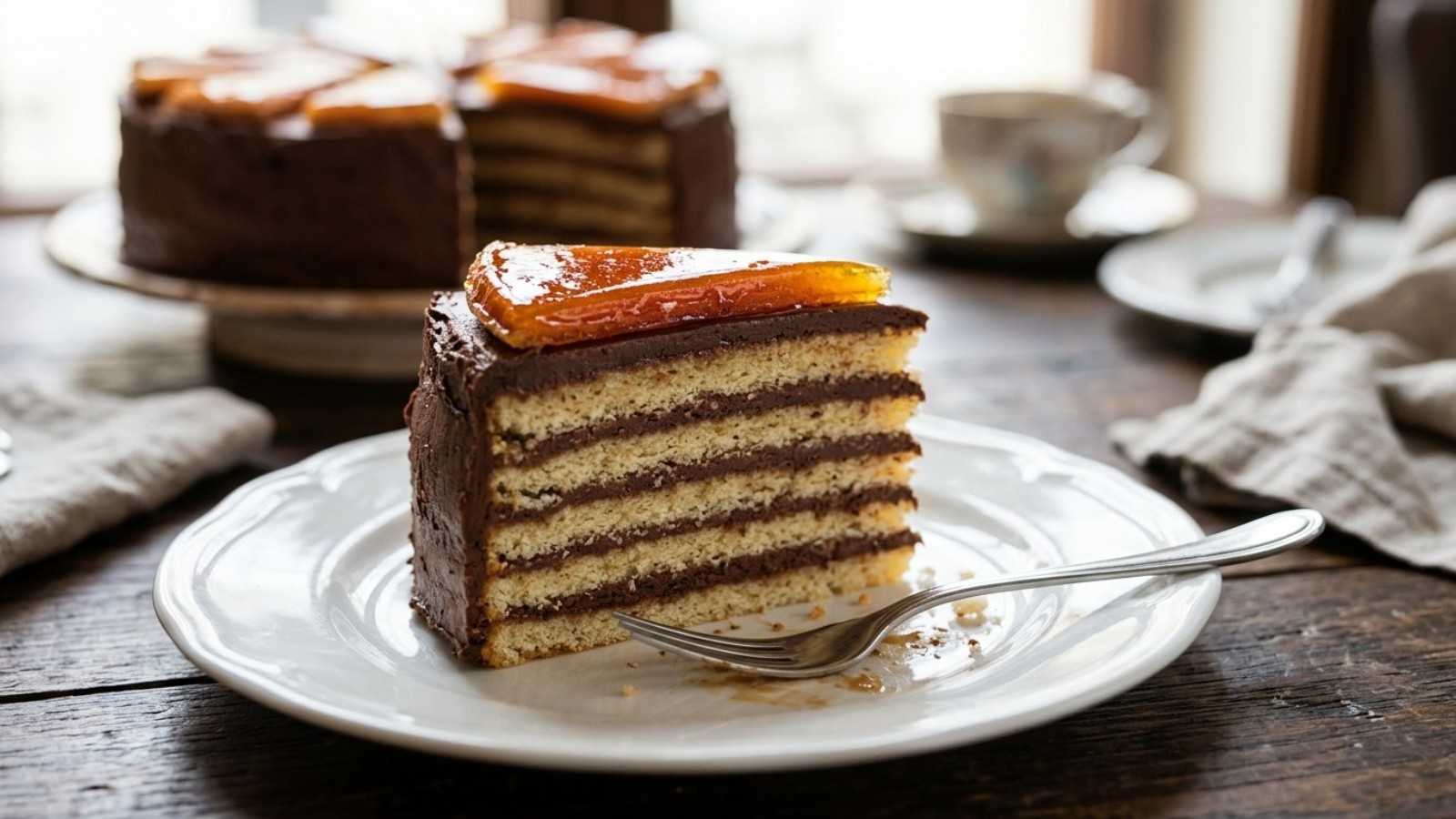 Slice of Dobos torte with thin chocolate layers and a caramel top
