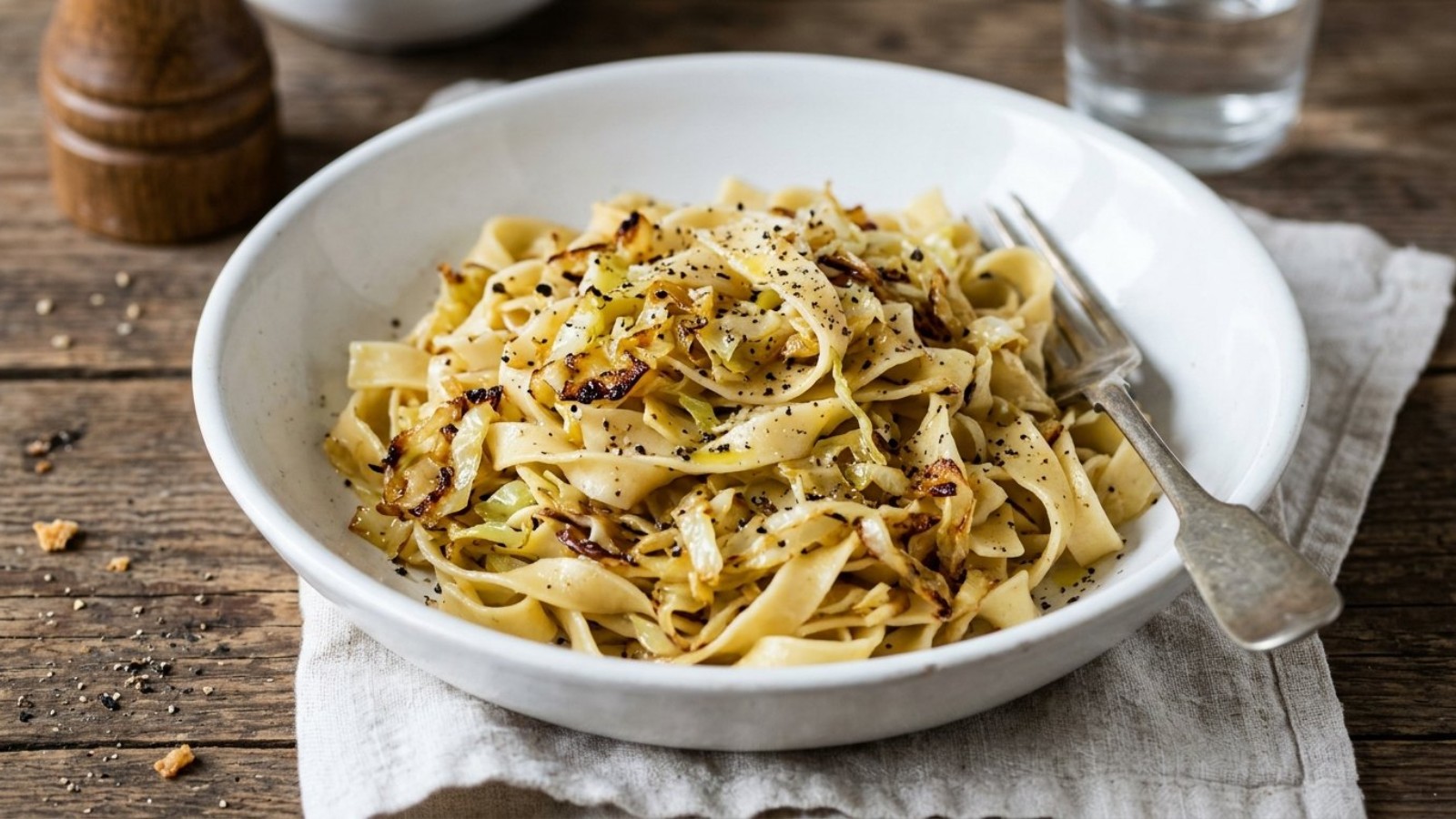 Buttery cabbage and egg noodles in a bowl with black pepper