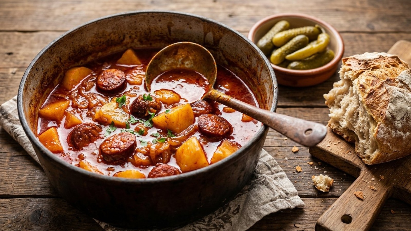 Hungarian recipes: paprika potato stew with smoked sausage in a pot