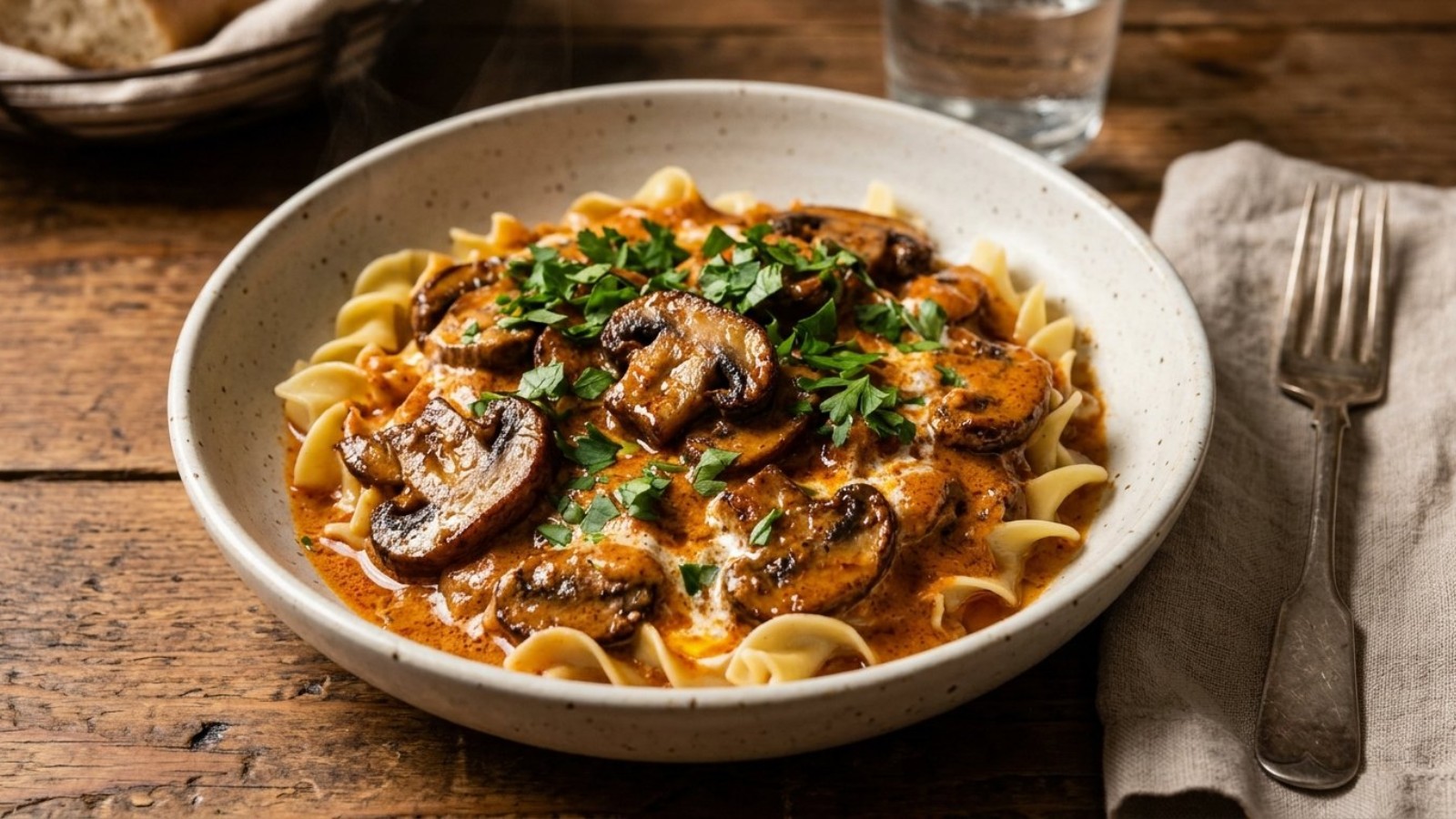 Mushroom paprikash with sour cream over egg noodles