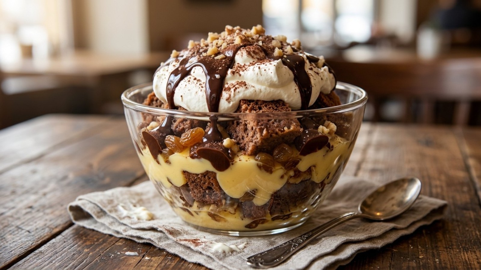 Somloi galuska trifle with chocolate sauce and whipped cream in a bowl