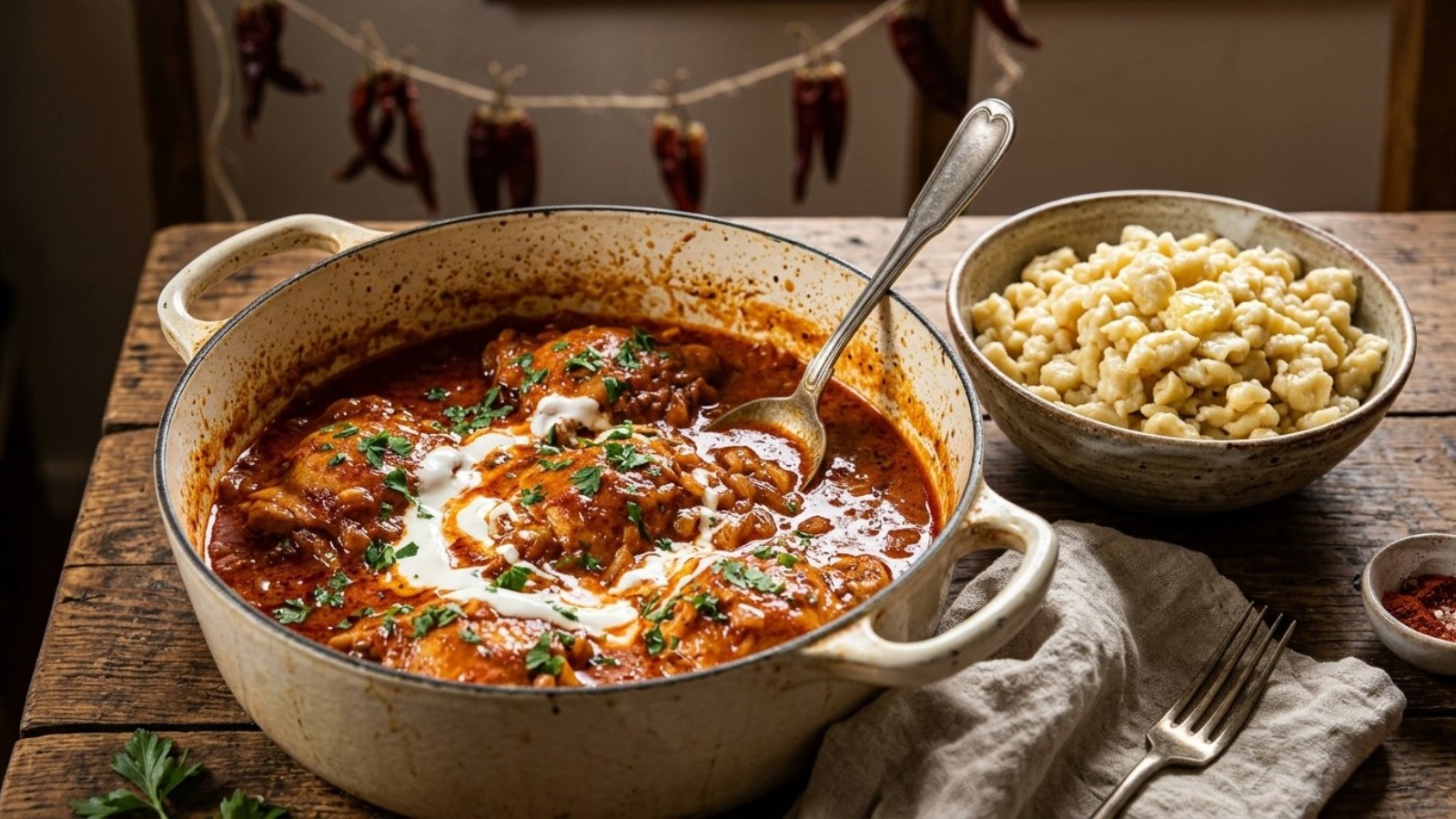 Hungarian recipes: chicken paprikash with sour cream and egg dumplings in an enamel pot