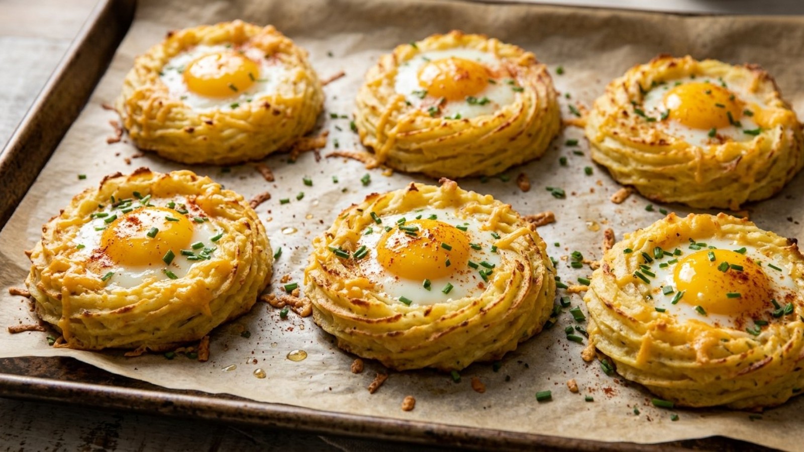 Leftover mashed potatoes: potato nests with baked eggs and chives on a sheet pan