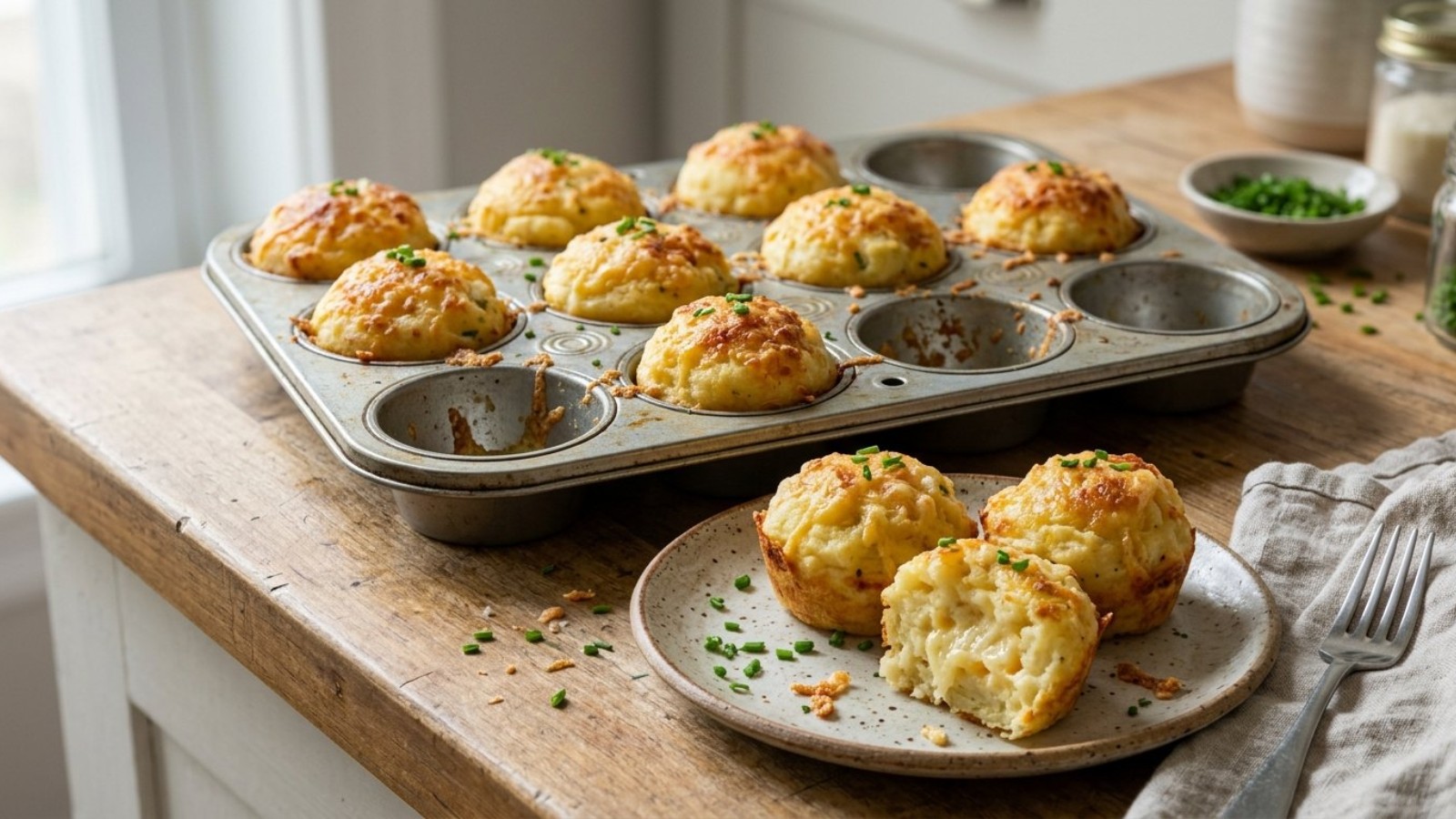 Leftover mashed potatoes: golden cheesy potato puffs from a muffin tin