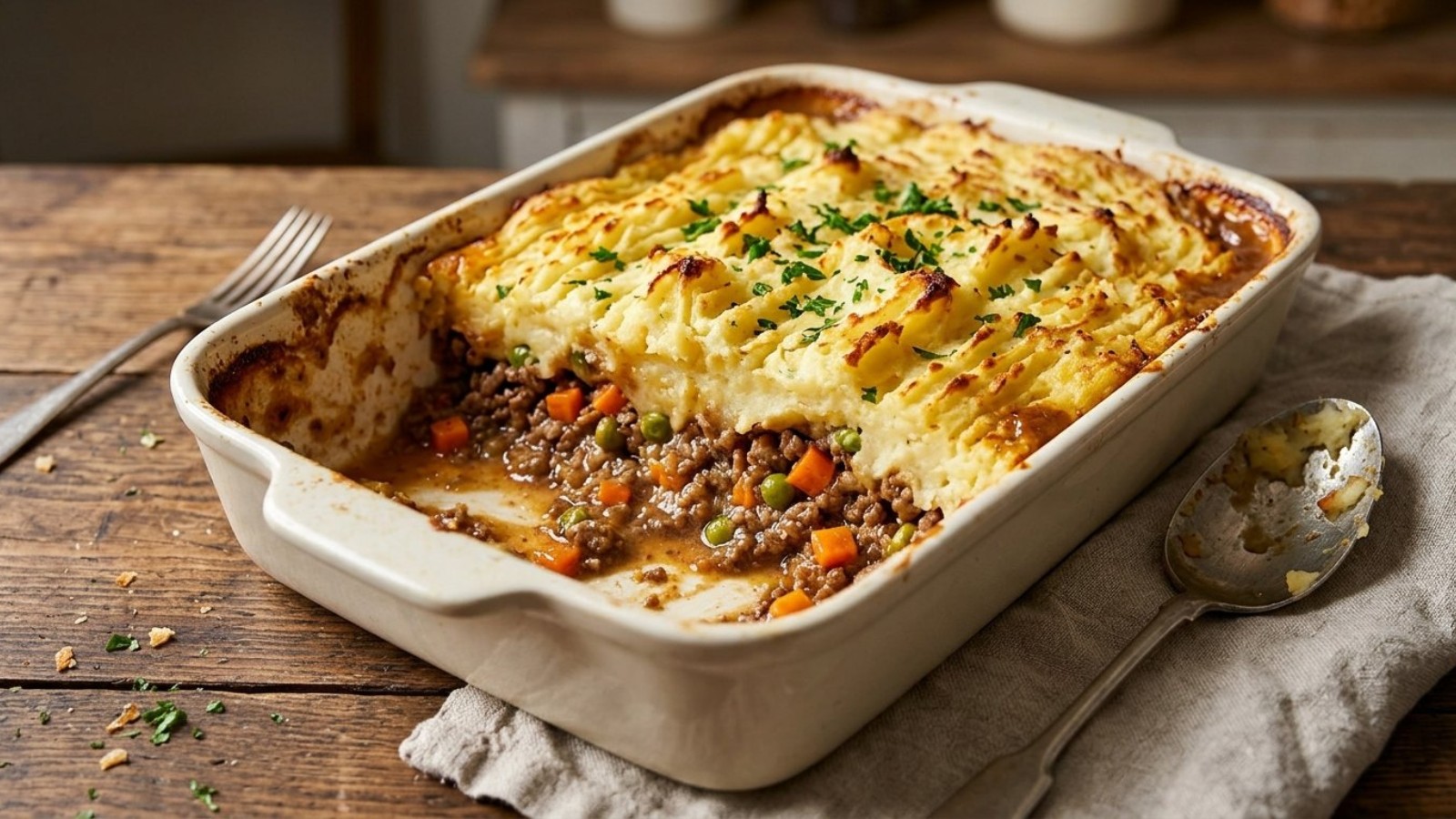 Shepherds pie with a golden mashed potato top in a baking dish