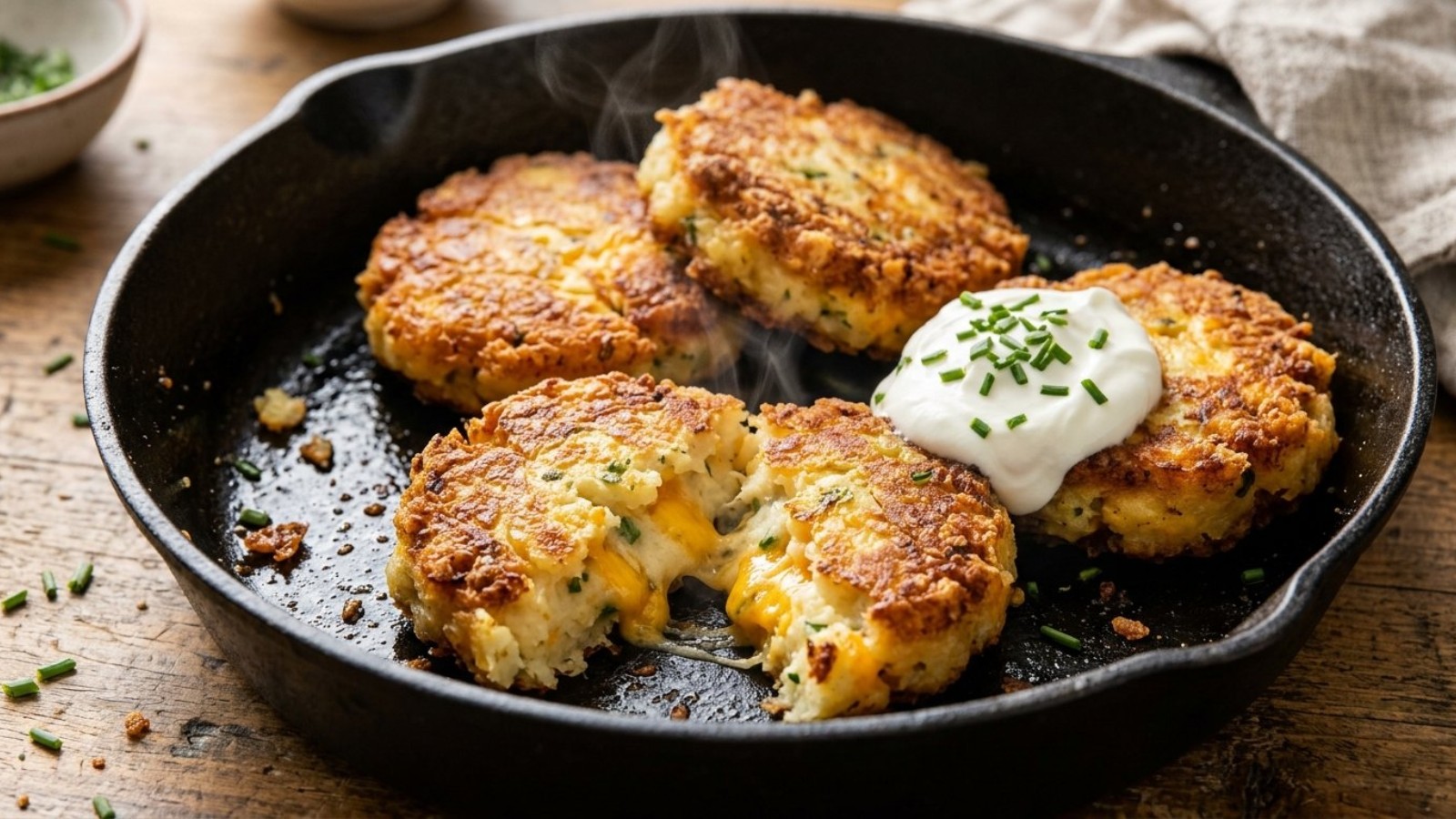Leftover mashed potatoes: crispy potato cakes in a cast iron skillet with melted cheddar and sour cream