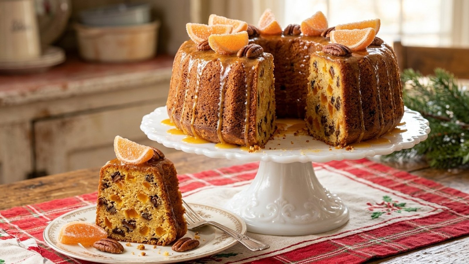 Orange slice cake on a vintage milk glass cake stand with a slice cut to show orange candy, dates and pecans