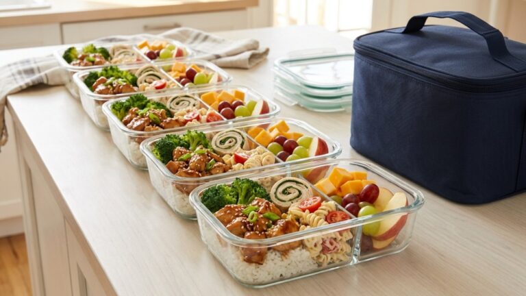 School lunch meal prep: glass containers with teriyaki chicken rice, pinwheels, pasta salad and fruit beside a lunch bag
