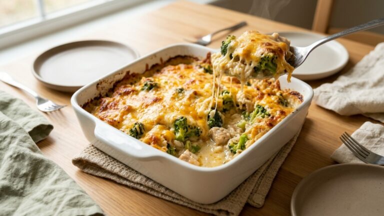 Dump and bake dinners for two: cheesy chicken, broccoli and rice in a small white baking dish