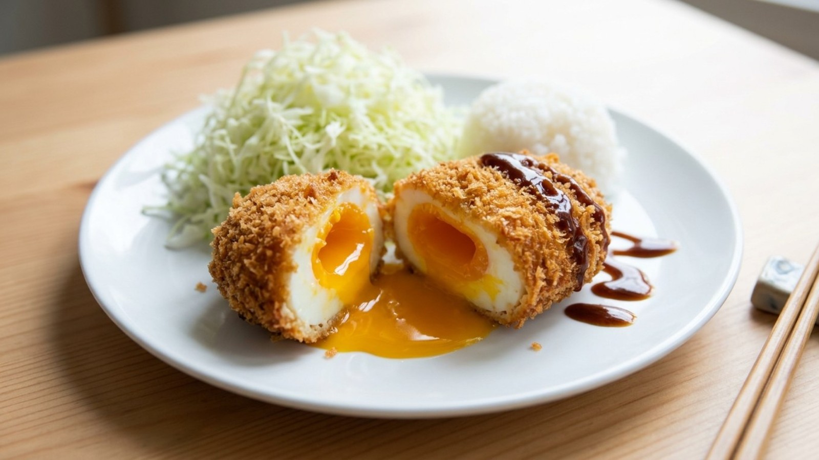 Egg katsu cut in half with a runny yolk, shredded cabbage, rice and katsu sauce