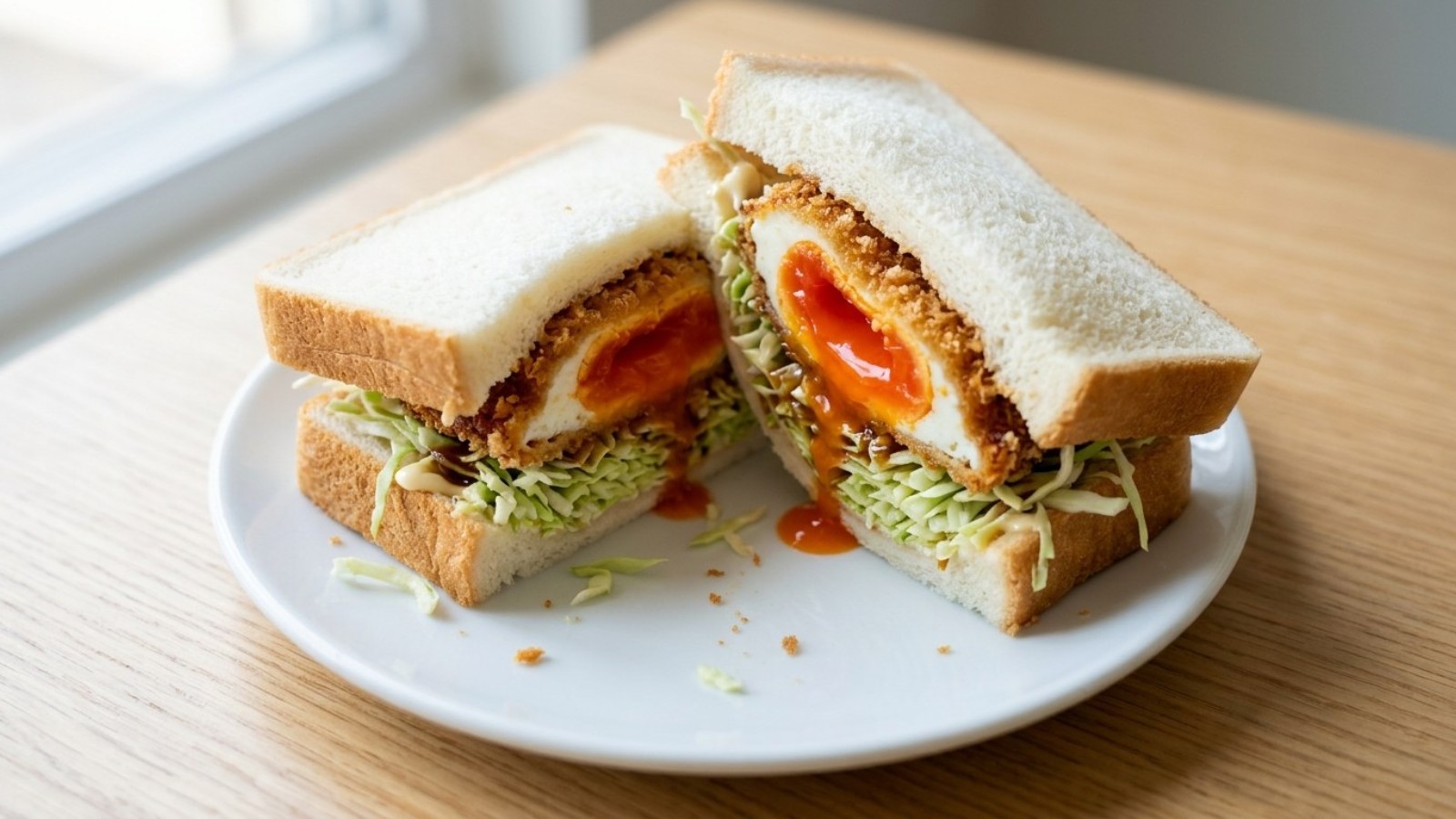 Egg katsu sandwich with a runny yolk and shredded cabbage on soft white bread