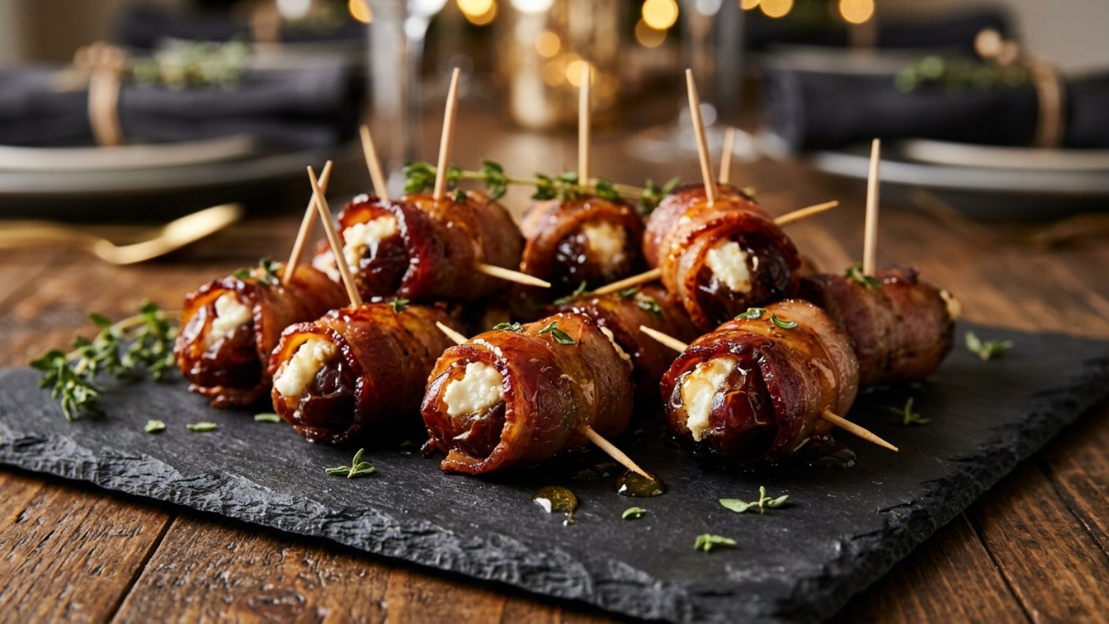 Air fryer bacon wrapped dates stuffed with goat cheese on a slate board