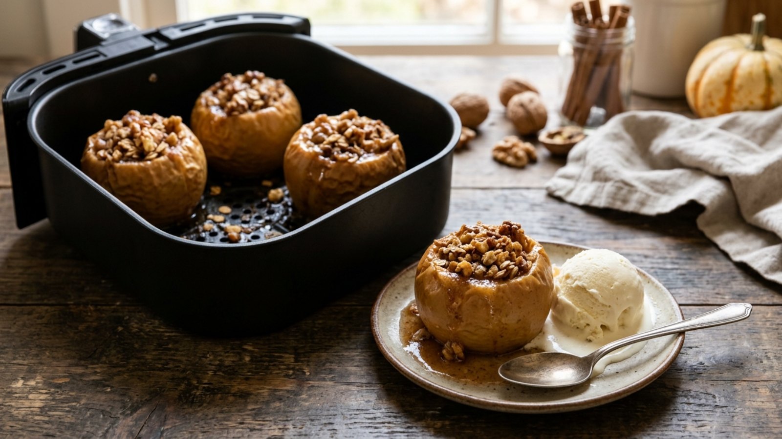 Air fryer baked apples stuffed with walnuts and oats with vanilla ice cream