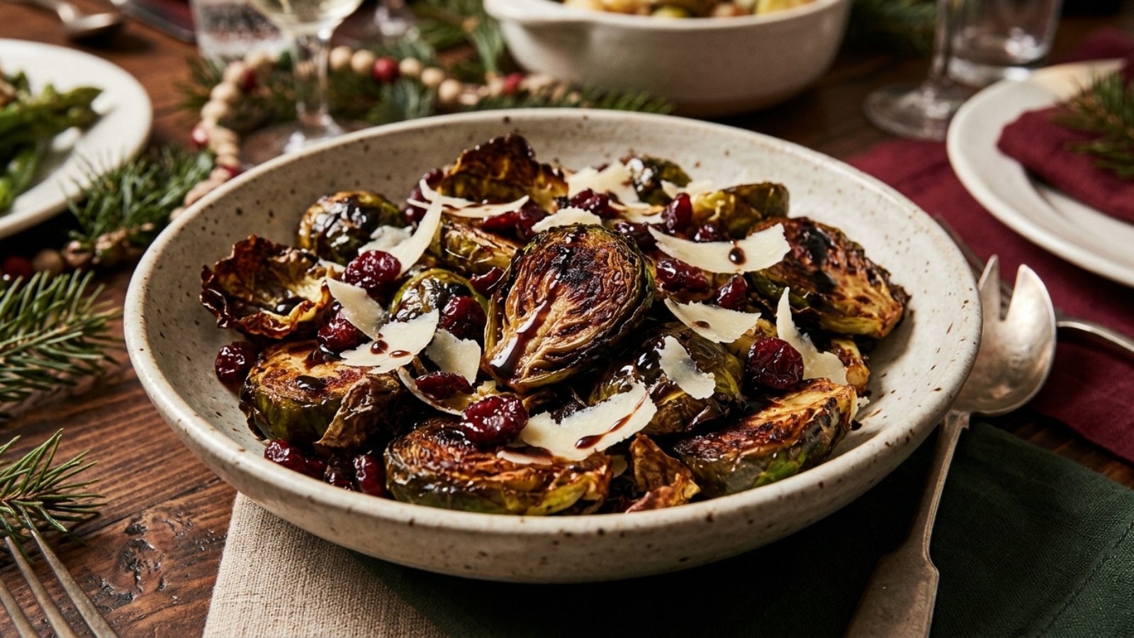 Roasted Brussels sprouts with balsamic glaze, cranberries and Parmesan
