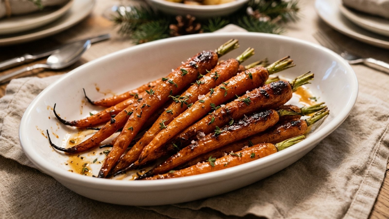 Air fryer maple glazed carrots with thyme in a white dish
