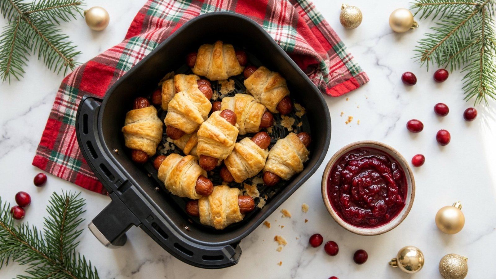 Air fryer holiday recipes: golden pigs in blankets in an air fryer basket with cranberry dip