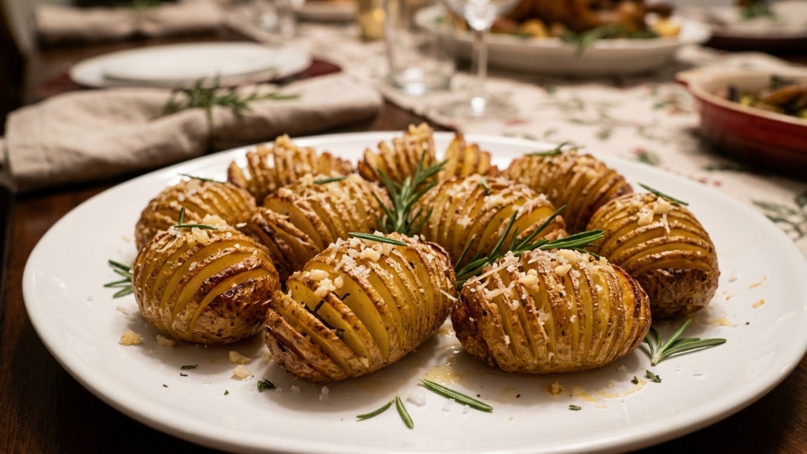 Crispy hasselback potatoes with garlic butter, Parmesan and rosemary