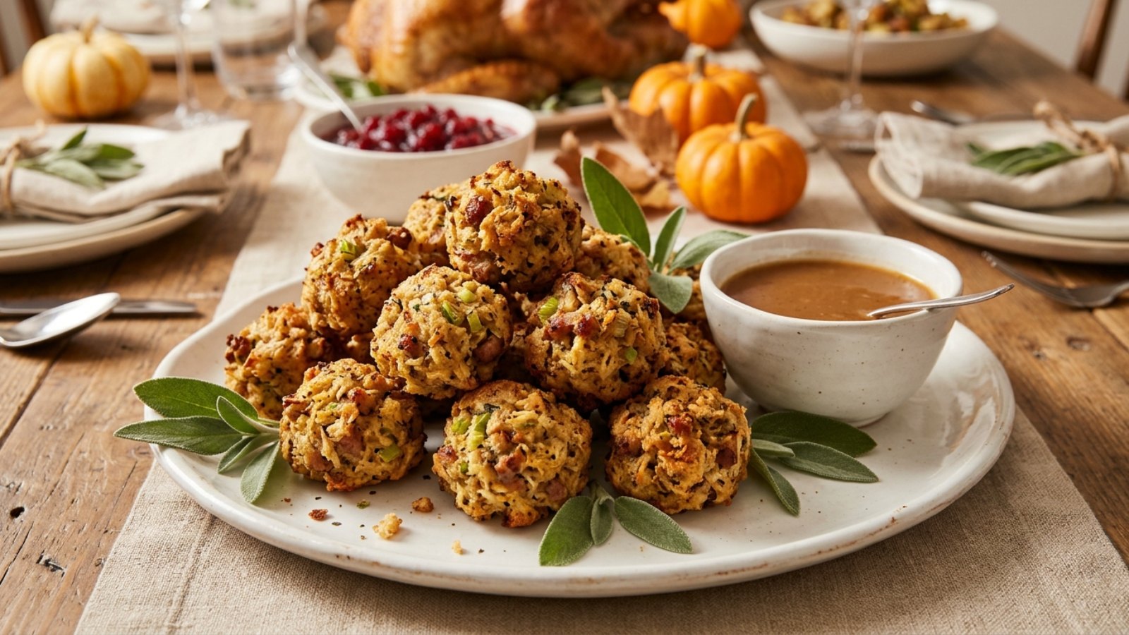 Air fryer holiday recipes: crispy sausage stuffing balls with a bowl of gravy
