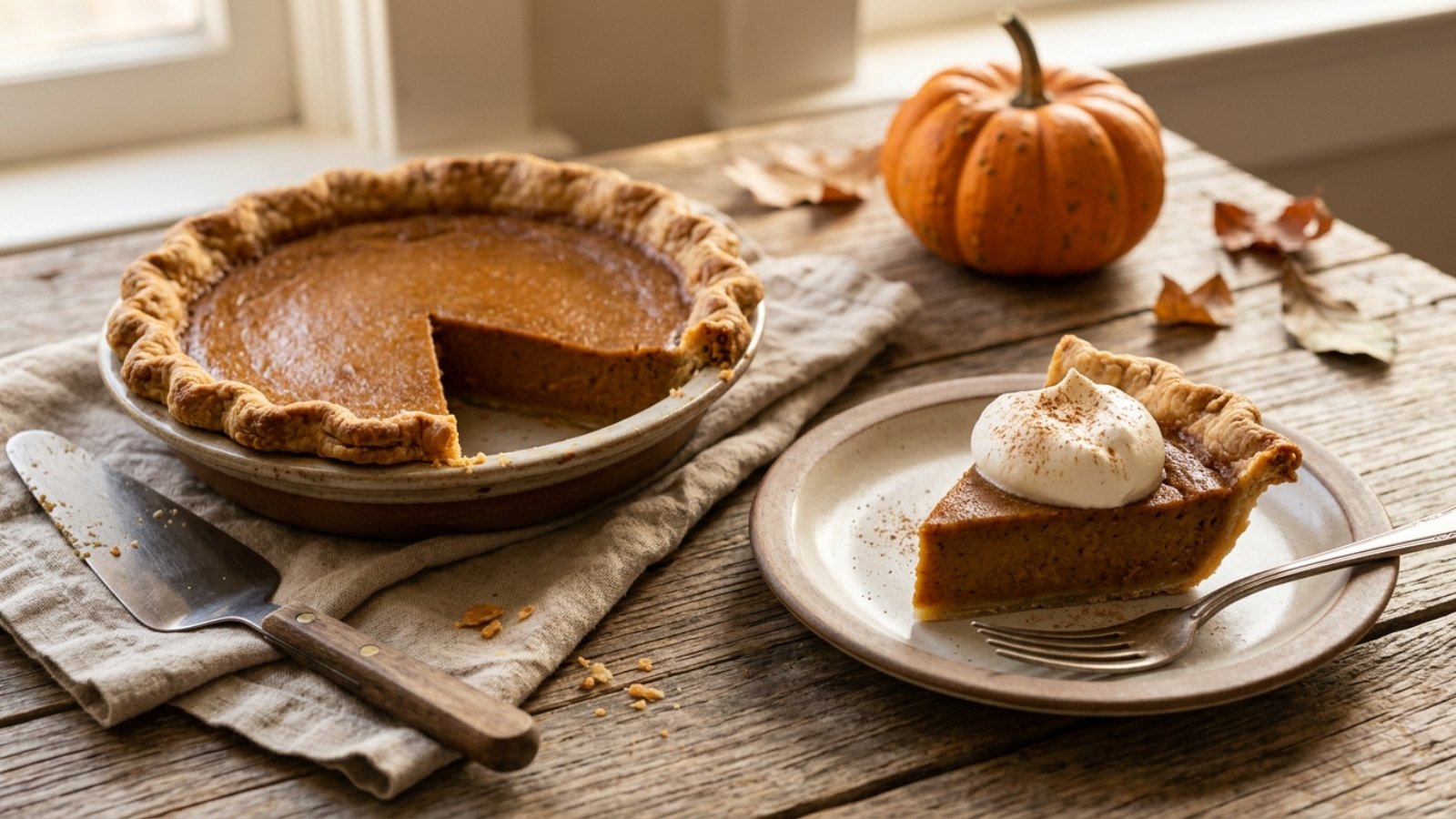 Small sweet potato pie with a slice served with whipped cream