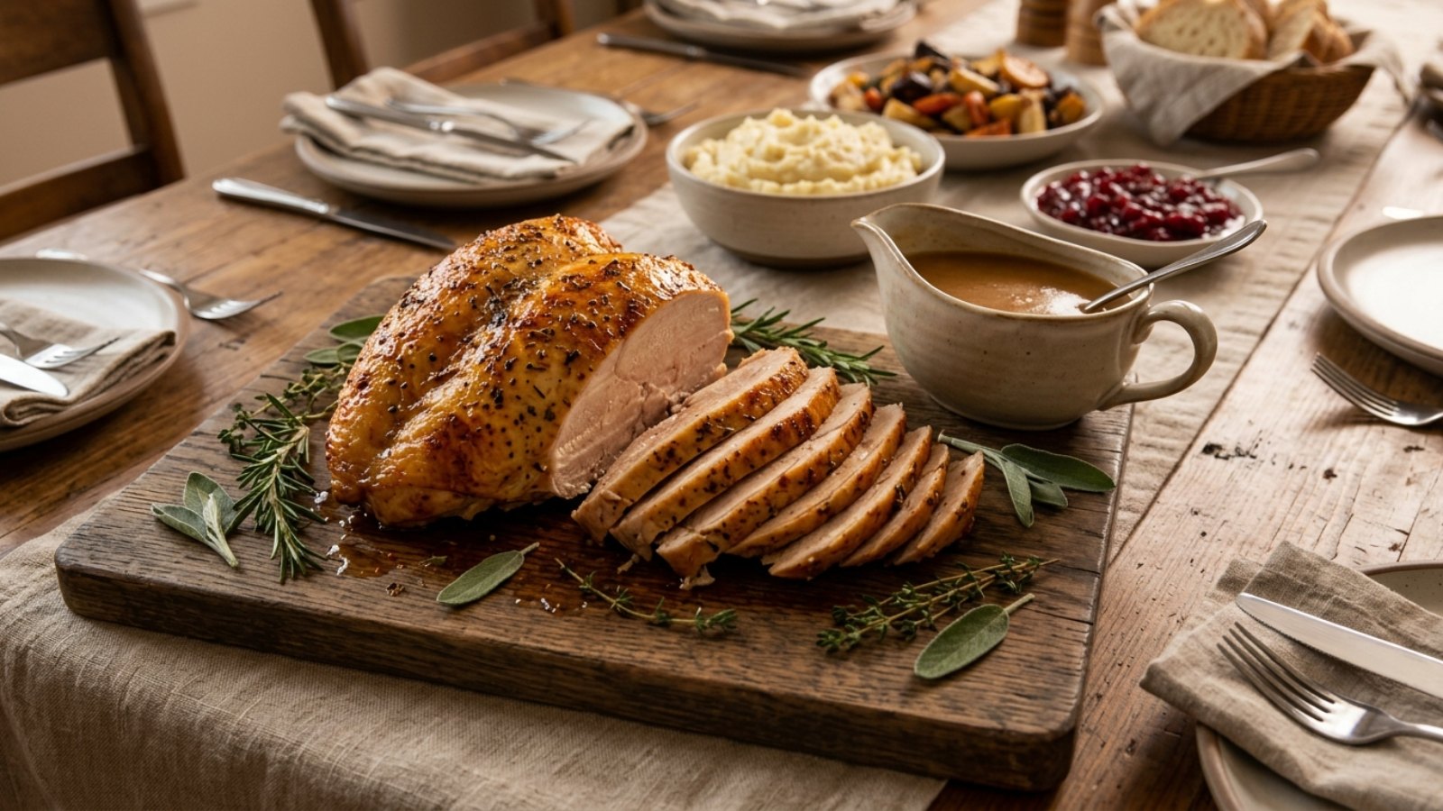 Air fryer holiday recipes: golden turkey breast sliced on a board with gravy