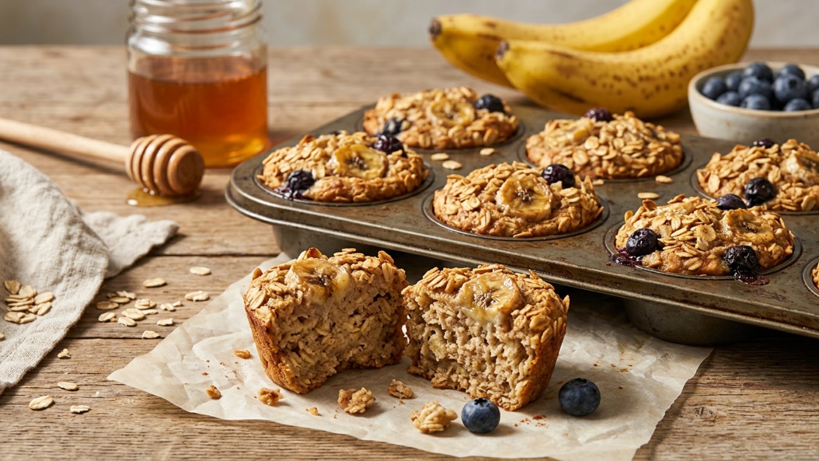 Banana oatmeal breakfast cups with blueberries next to fresh bananas and honey