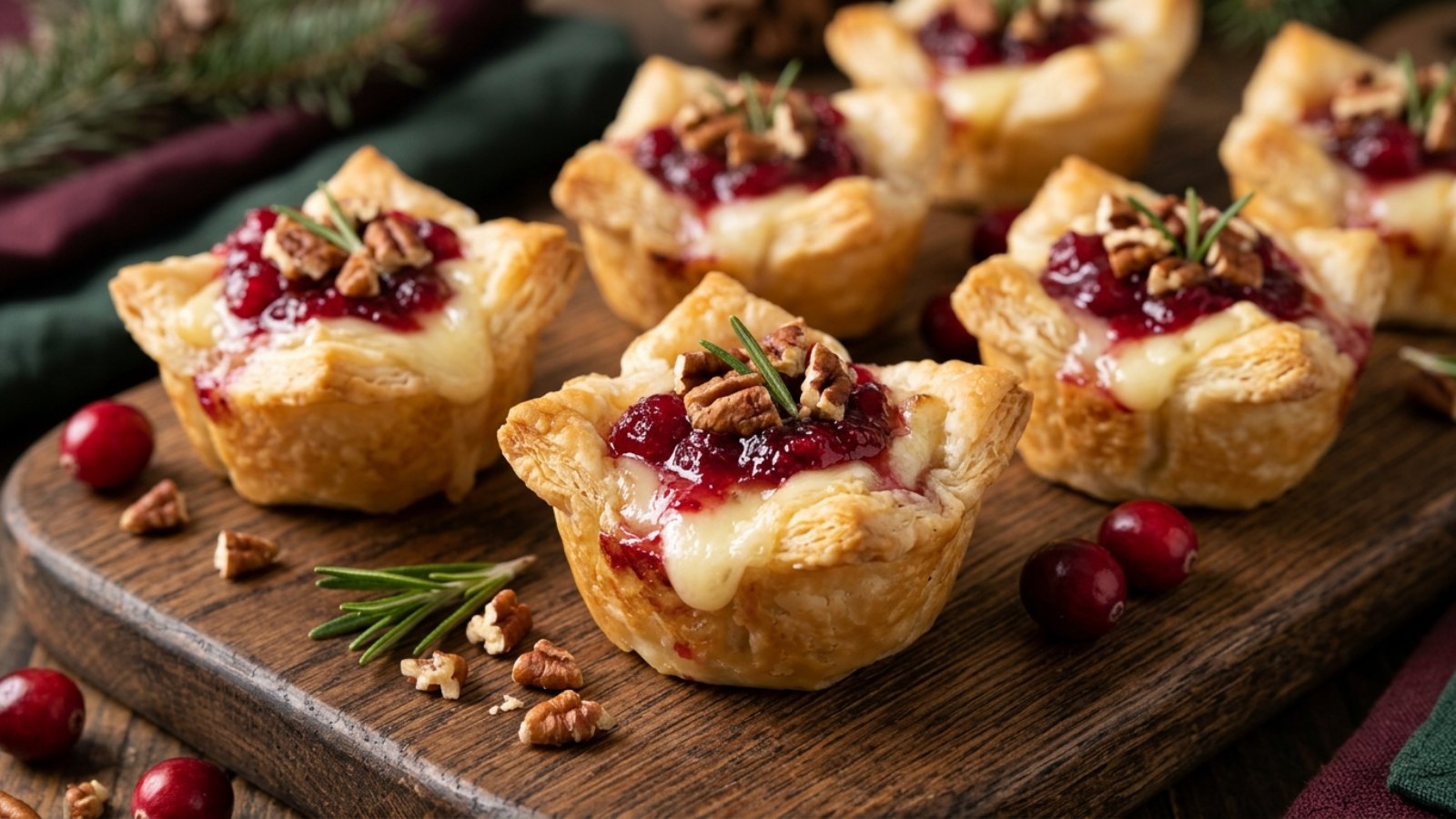 Flaky puff pastry cranberry brie bites with pecans and rosemary on a board