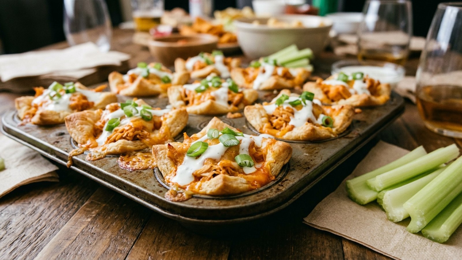 Muffin tin recipes: buffalo chicken bites in crescent cups with ranch and celery