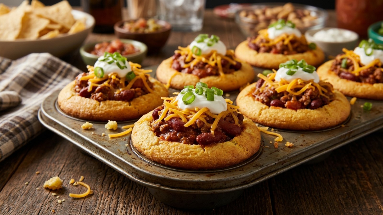 Golden cornbread cups filled with chili, cheddar, sour cream and green onions