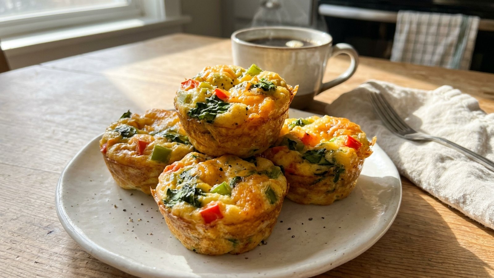 Fluffy baked egg cups with peppers, spinach and cheddar on a plate